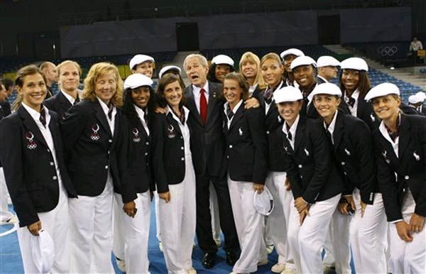 Members of the U.S. Olympic team pose with President Bush.
